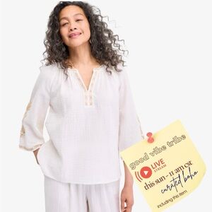 Style & Co. Cream Boho Hippie Peasant Embroidered Blouse Petite XXL